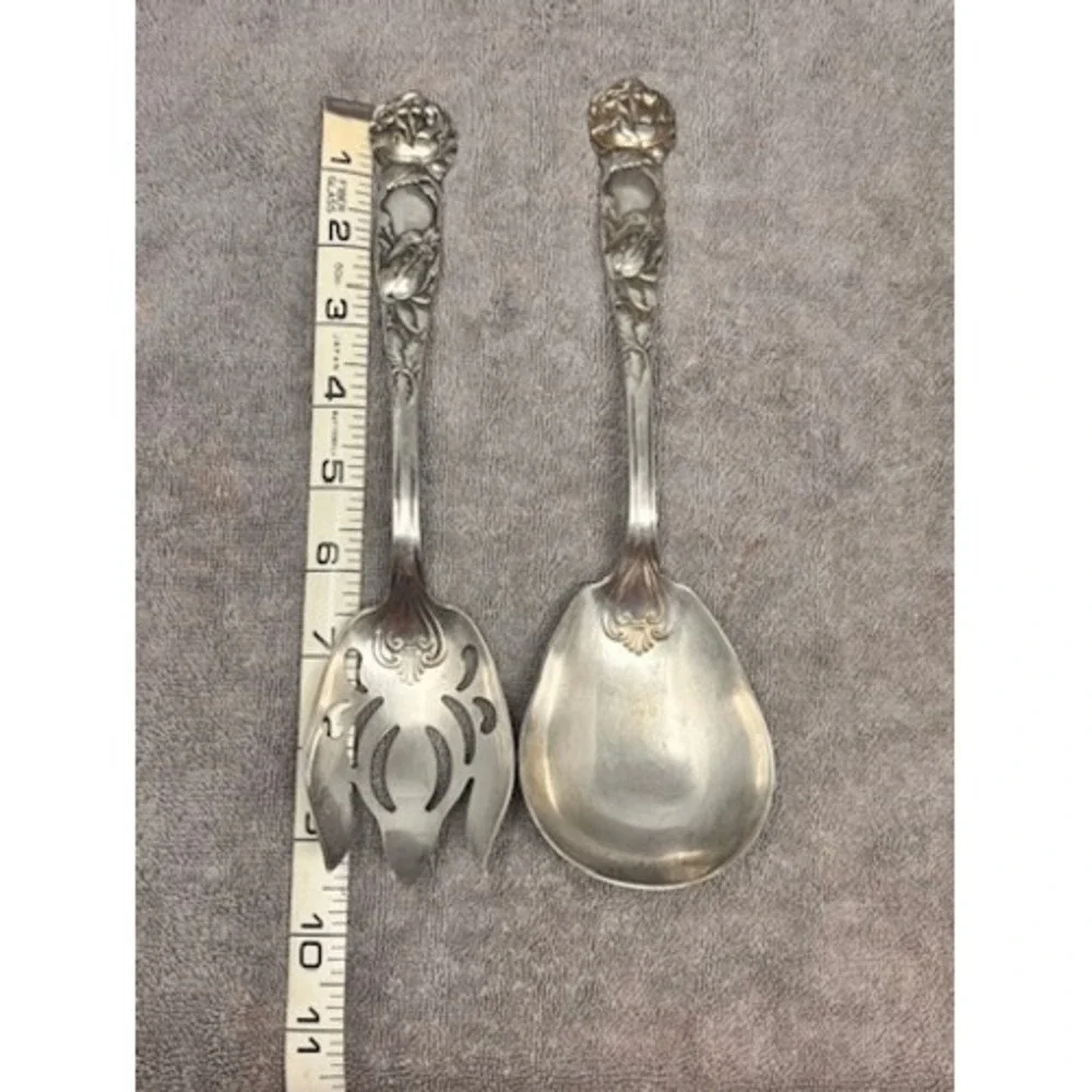 Vtg Italian Salad Serving Set Italy Silverplate Floral Serving Spoon Fork 9.5in